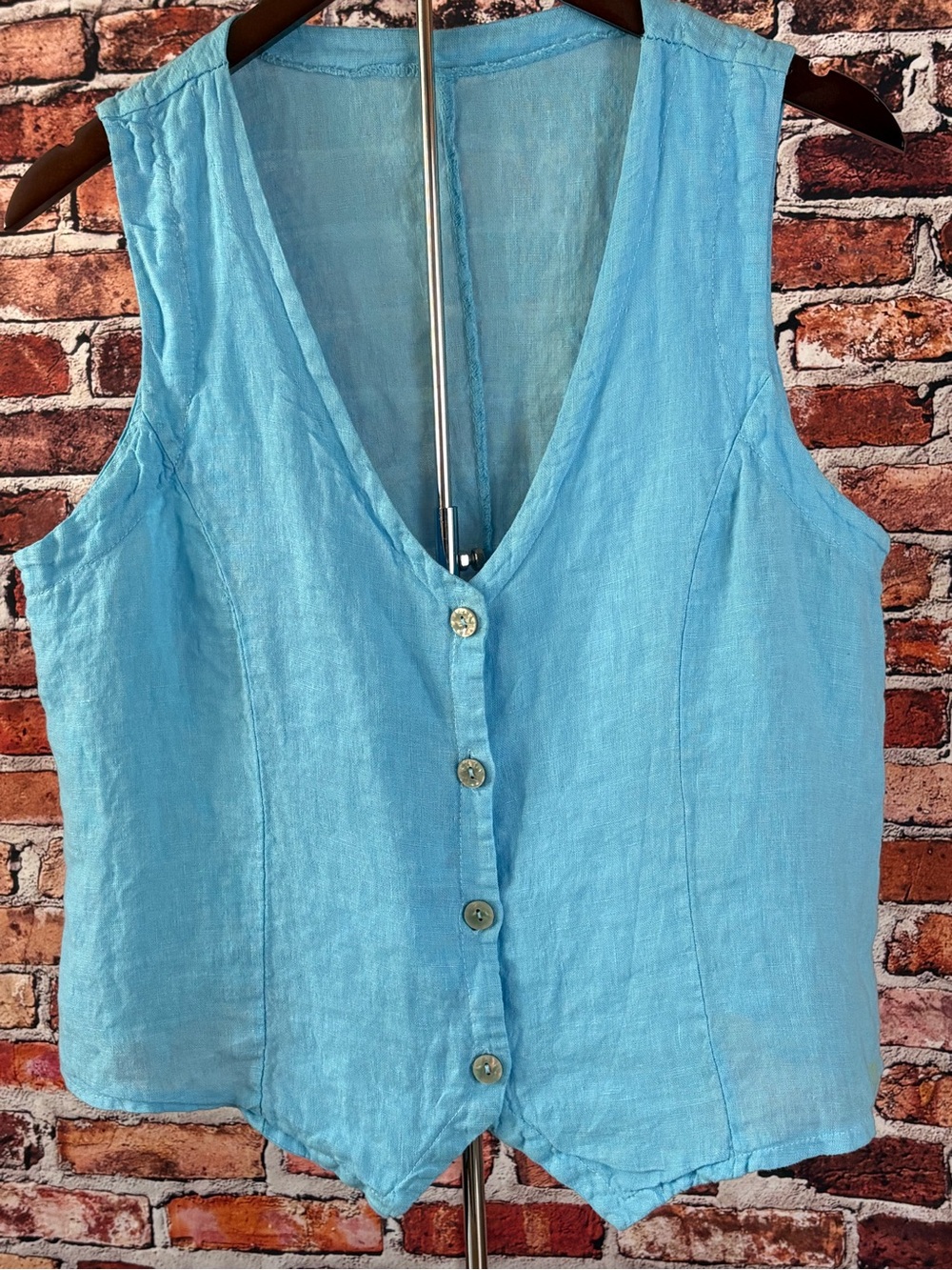 Bright Aqua Blue Sleeveless 100% Linen Top Vest Size Large